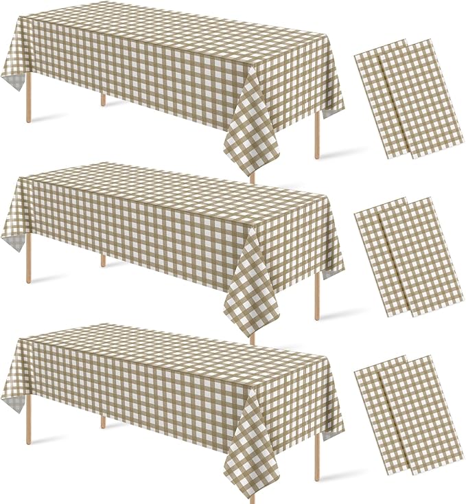 6 Pcs Brown Gingham Tablecloth Decorations, Disposable Plastic Khaki Gingham Tablecloth Buffalo Plaid Table Cover for Baby Shower Bridal Wedding Birthday Party Supplies,54 x 108 Inch