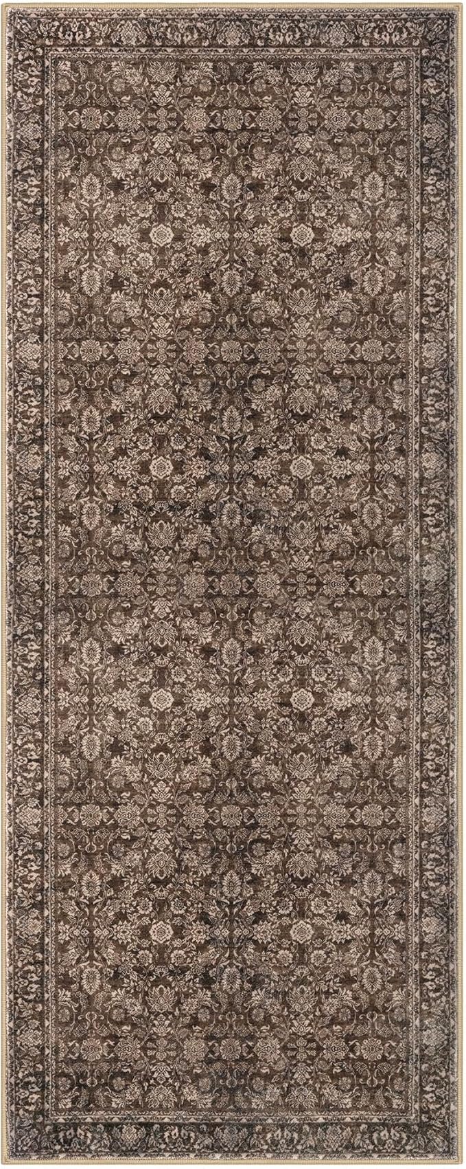 2x5 Washable Rug Rust Reddish Brown Small Area Rug for Entryway, Soft Non-Slip Indoor Door Mat Distressed Floral Low-Pile Kitchen Rugs, Neutral Vintage Carpet for Entrance Bedside Farmhouse