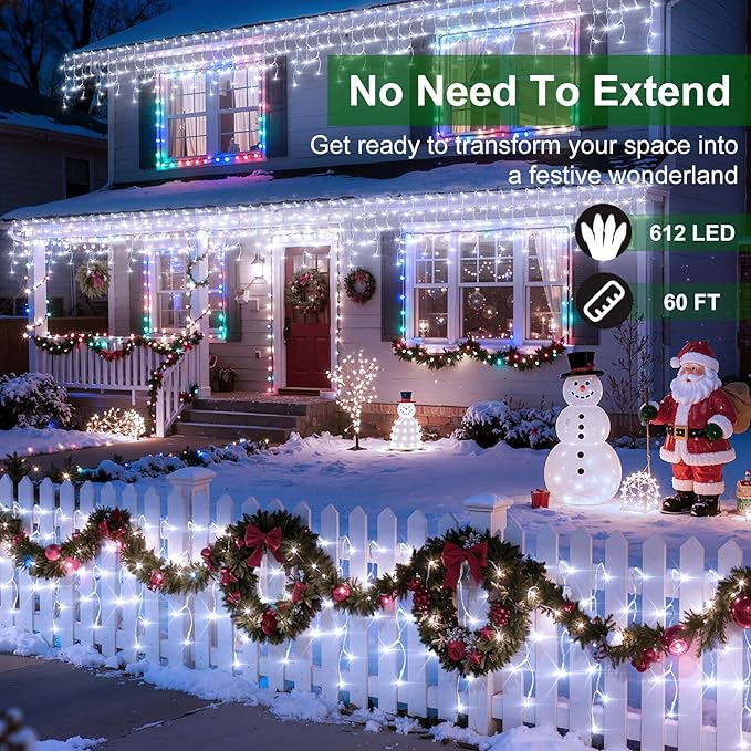 612 LED Christmas Lights with 136 Drops, 60ft 12 Modes Hanging ice String Lights with Timer & Dimmable & Waterproof, Plug-in Fairy Lights for Tree Holiday Wedding Party Christmas Decor Cool White