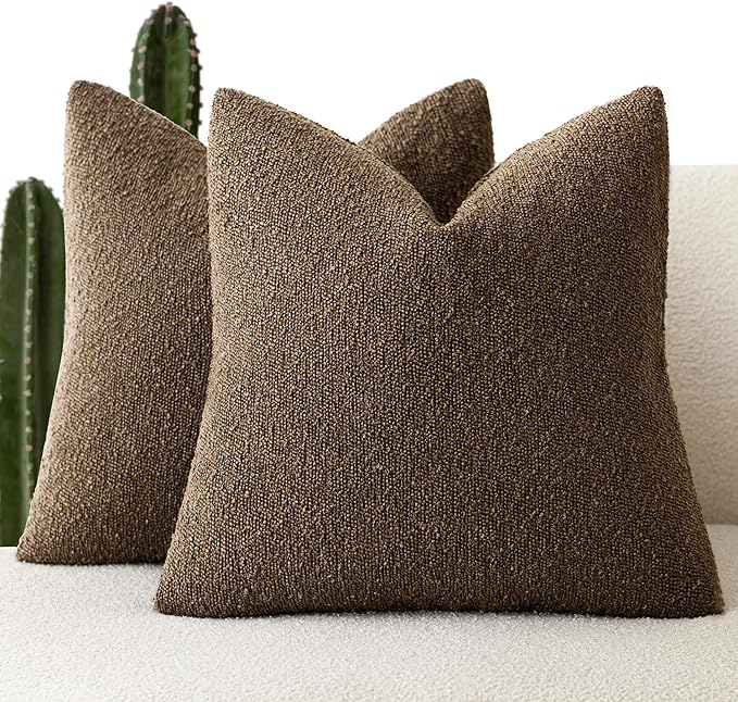 Foindtower Pack of 2, Decorative Textured Boucle Throw Pillow Covers Accent Solid Pillow Cases Cozy Soft Couch Cushion Case for Chair Sofa Bedroom Living Room Home Decor 22x22 Inch Chocolate