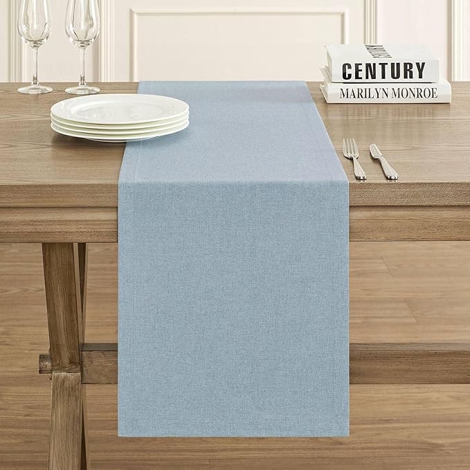 ZeeMart Basic Linen Style Table Runner, 14 x 108 Inch Blue Chambray, Rustic Farmhouse Light Dusty Blue Table Runners 108 Inches Long, Everyday Polyester Table Runner - Machine Washable & Easy Care