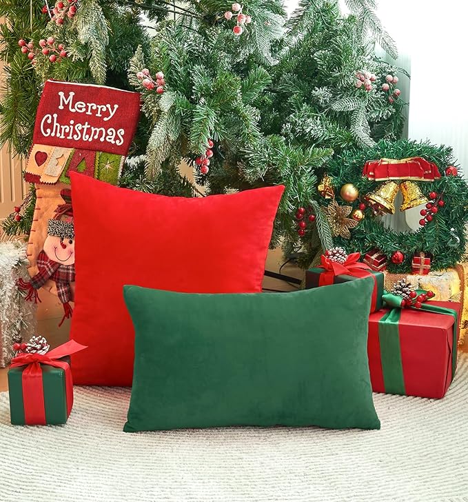 Pack of 2 Christmas Red Pillow Covers 22x22 Inch Decorative Throw Pillow Cover, Velvet Pillowcases for Couch Sofa Bed, Home Boho Decor, Modern Soft Cushion Covers