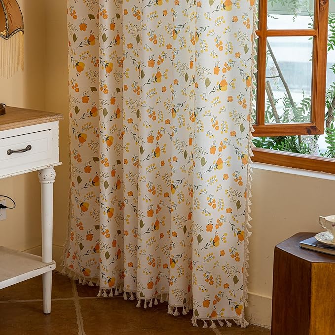 OYX Yellow Boho Pattern Floral Curtains 96 Inch Length 2 Panels for Living Room, Bedroom Light Filtering Drapes, Vintage Country French Tassels Patterned Rod Pocket Aesthetic Decor Window Treatments