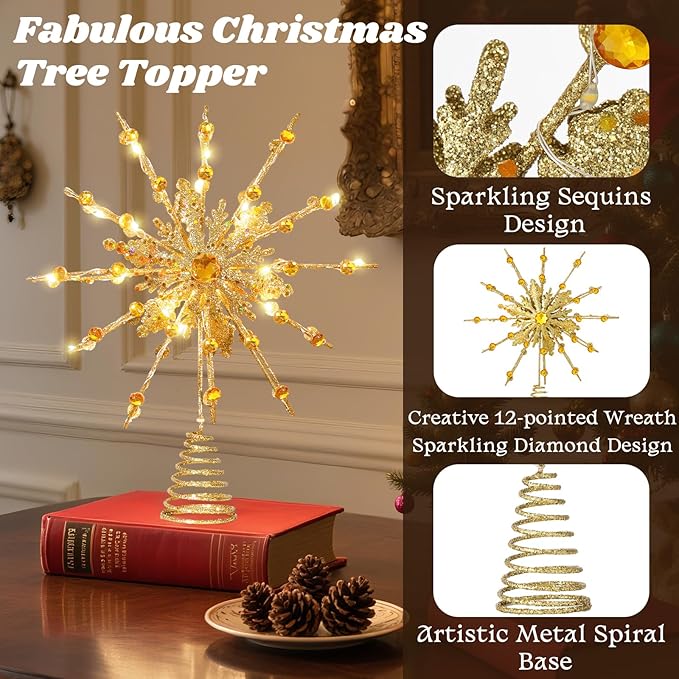 Lewondr Christmas Tree Topper, 12.2'' Metal Xmas Star Tree Topper with 20 LED Bulbs, USB Powered Glittered 12-Pointed Treetop for Christmas Ornaments, Remote Control, 6H Timer, 8 Light Modes, Gold