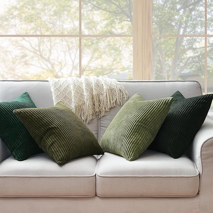 Topfinel Couch Throw Pillows Covers 18x18 Inch Set of 4,Olive Emerald Green Corduroy Decorative Cushion Case,Rustic Fun Living Room Decor fundas para cojines