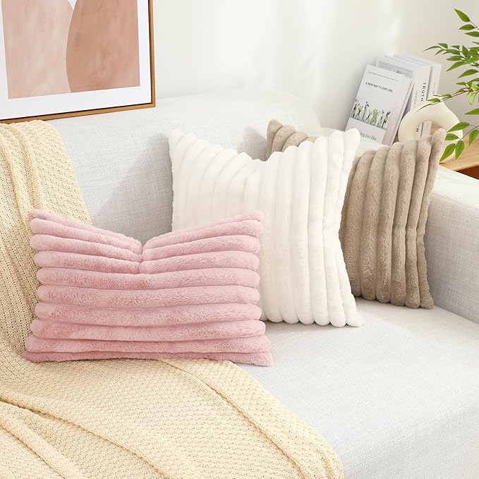decorUhome Faux Fur Christmas Throw Pillow Covers 12x20 Set of 2, Decorative Soft Plush Striped Lumbar Neutral Couch Euro Pillow Covers with Velvet Back for Sofa, Bed, Living Room Home Decor, Pink