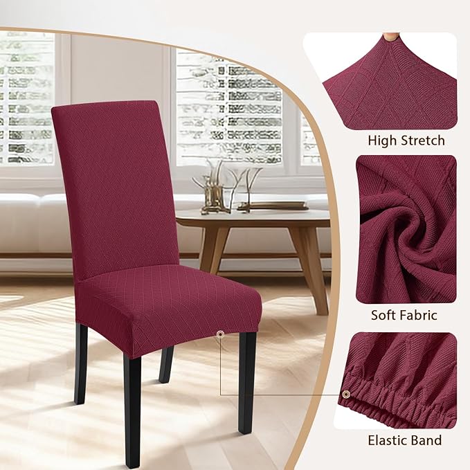 SearchI Dining Room Chair Covers Set of 6, Stretch Jacquard Parsons Chair Slipcovers Removable Washable Kitchen Chair Protector Cover for Dining Room, Hotel, Ceremony (Wine Red Rhombus)