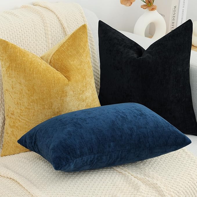 decorUhome Chenille Black Christmas Throw Pillow Covers 18x18 Inch Set of 2, Decorative Soft Couch Pillow Covers Solid Dyed Accent Farmhouse Neutral Square Pillow Cases for Sofa