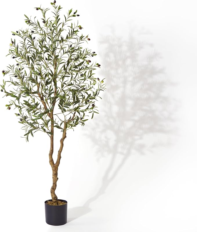 6 Ft Artificial Olive Trees, Fake Potted Silk Plant Faux Olive Tree with Trunk and Fruits, Indoor Outdoor Artificial Tree Large Olive Plants for Living Room Home House Office Decor