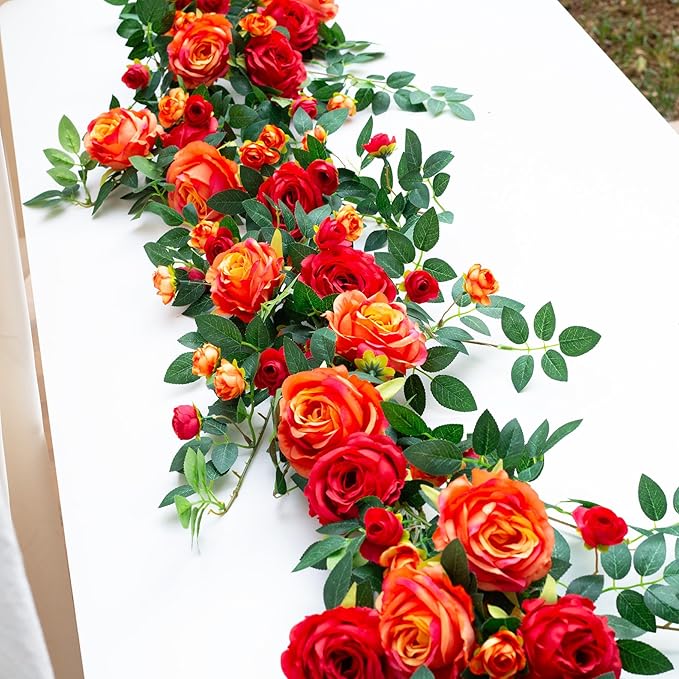 6FT Bendable Flower Garland, Artificial Rose Vine Hanging Floral Garland Decoration for Weding Home Room Wall Decor (Orange, 1pcs)