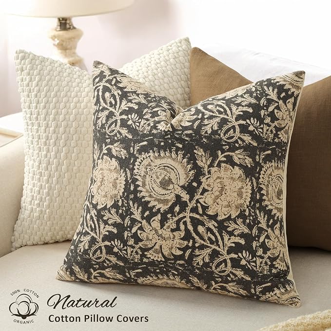 Vintage Floral Print Throw Pillow Covers 18x18 Set of 2 Neutral Modern Farmhouse Pillowcases Accent Decorative Cushion Covers Boho Home Decor for Couch Sofa Chair Bed Living Room, Black