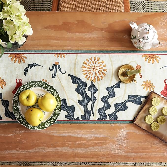 Beige Rectangular Christmas Table Runner 63 Inches Long,Farmhouse Linen Flower Table Runners with Orange and Red Floral,Fall Decorations for Home Thanksgiving Party.12*63"-Tijuana