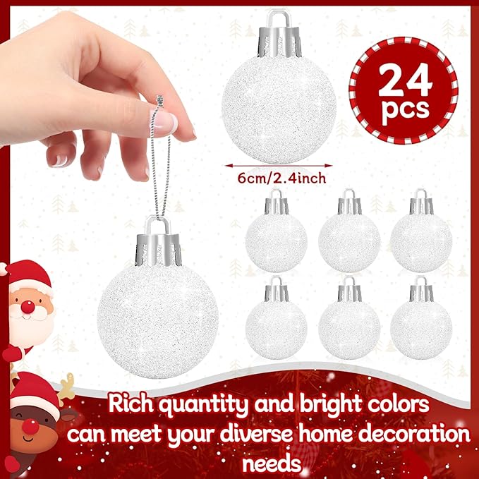 24Pcs 2.4Inch Christmas Balls Christmas Tree Decoration Ornaments Shatterproof Glitter Christmas Hanging Balls for Christmas Tree Party Wedding Indoor Outdoor Decoration(White, 2.4inch-24pcs)