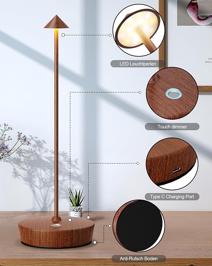 Cordless Table Lamps Rechargeable, 6000mAh Battery Operated LED Desk Lamp Outdoor Waterproof Portable Touch Dimmable Table Light for Patio Restaurant Dining Home Wood Grain