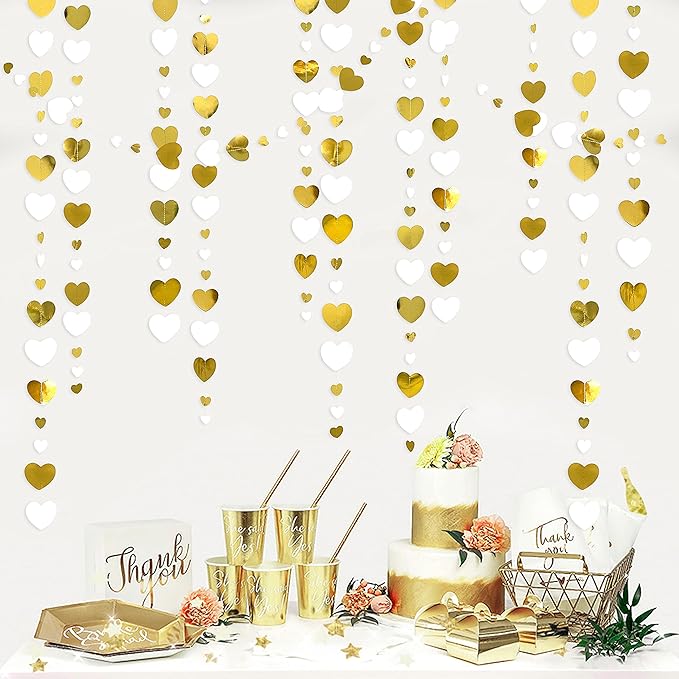White Gold Heart Garland Hanging Paper Love Heart Streamer Banner for Baptism Engagement Anniversary Valentines Day Birthday Bachelorette Mothers Day Wedding Bridal Shower Party Decorations Supplies
