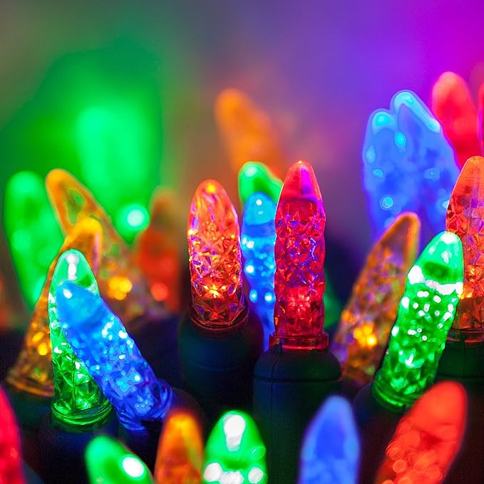M5 LED Mini Ice Multicolor Prelamped Light Set, Green Wire - 70 M5 Multi Color LED Christmas Lights, 4" Spacing