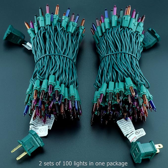 YULETIME 200 Multicolor Christmas Lights, Pack of 2 Sets 33 Feet 100 Count UL Certified Incandescent String Lights (Multicolor - Green Wire)