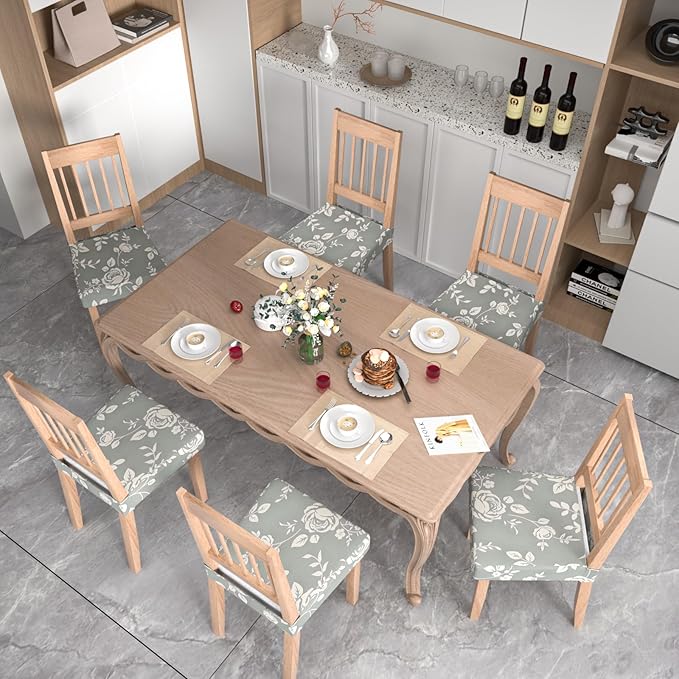 Stretch Dining Chair Seat Covers Set of 6,Dining Chair Slipcovers, Floral Printed Chair Covers,Soft Fabric Washable Upholstered Chair Seat Protector, No Rear Covers for Home Kitchen Dining Room