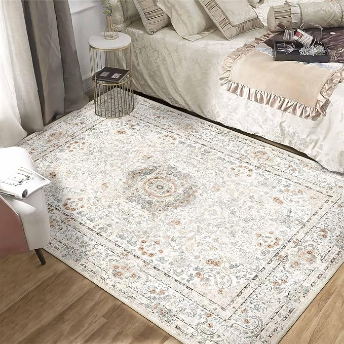 Boho Rug 4'x6.5',Washable Area Rugs for Bedroom Living Room Kitchen Entryway,Small Vintage Bohemian Distressed Non Slip Carpet,Beige
