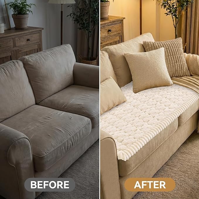Smiry Pet Couch Cover for 3 Cushion Sofa, Non-Slip Fuzzy Couch Cover for Dogs Washable, Thick Soft Sofa Slipcovers Cushion Protector Pet Friendly (Cream, 27.6" x 82.7")
