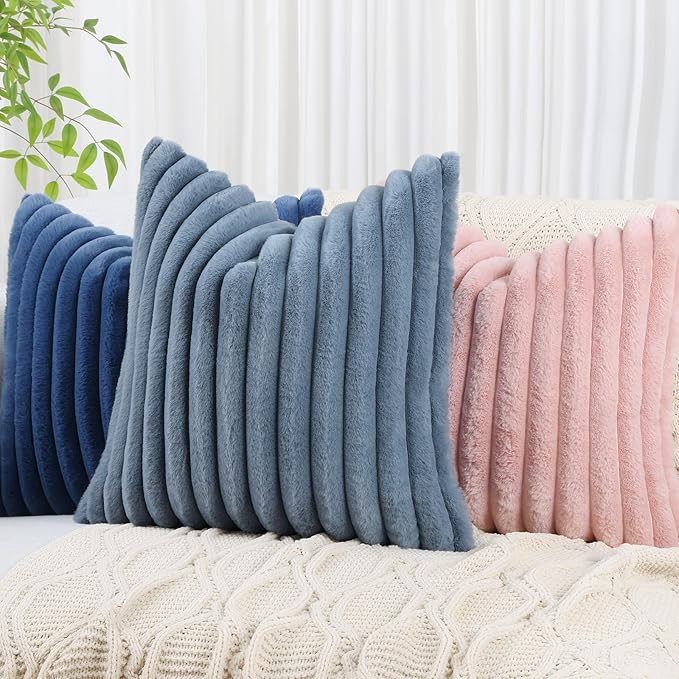 decorUhome Faux Fur Christmas Throw Pillow Covers 24x24 Set of 2, Decorative Soft Plush Striped Neutral Couch Euro Pillow Covers with Velvet Back for Sofa, Bed, Living Room Home Decor, Grey Blue