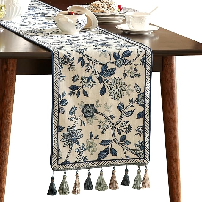 bilingaier Decorative Linen Table Runner 102 Inches Long,Chinoiserie Blue Floral Cloth Runner for Coffee Table Decor Tabletop Table Runners for Kitchen,Dining,Party,Home,Christmas,12"*102"