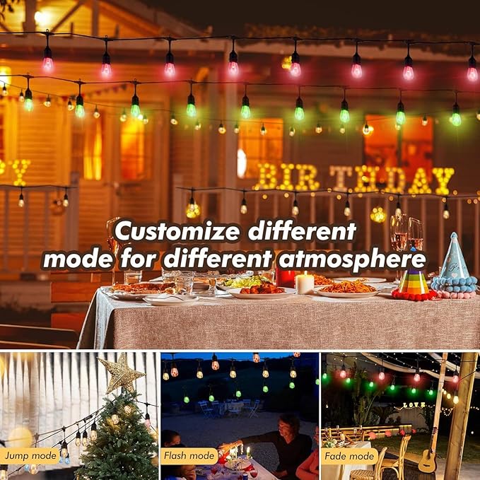 Auroraworld 24FT RGB Outdoor String Lights, Dimmable Color Changing Waterproof LED Patio Lights with Remote, 12 Shatterproof Bulbs for Backyard Garden Party Decor