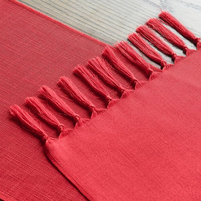 Artoid Mode Red Tassel Table Runner, Christmas Linen Blend Rustic Farmhouse Style Kitchen Table Decoration Holiday Wedding Party Dinning Decor 13x48 Inch