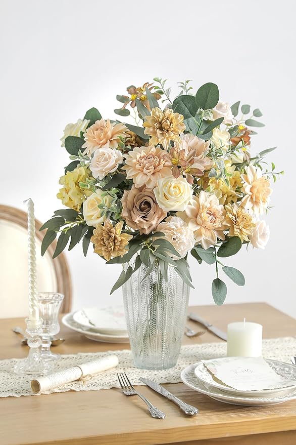 Nude Color Artificial Flowers Set - Fake Roses, Peonies, Dahlia, Silk Flowers with Stems for DIY Wedding Bouquets,Floral Arrangement,Table Centerpieces,Baby Shower, Home Decor