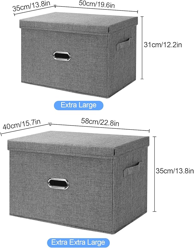 Large Linen Fabric Foldable Storage Bins with Removable Lid and Handles, Washable Storage Box Organizer Containers Baskets Cube with Cover for Bedroom,Office(Coffee, XXL)