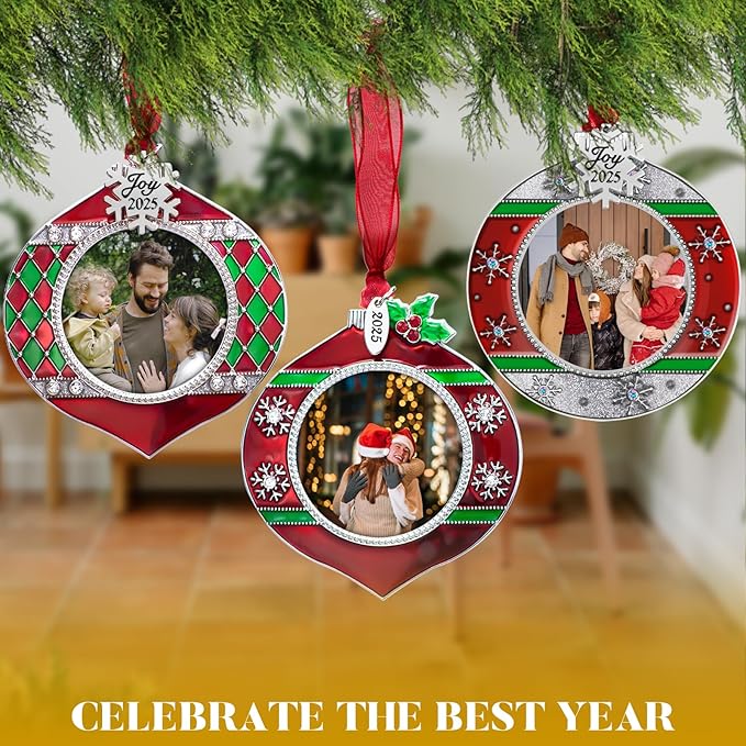 GUOER 3PCS Christmas Tree Ornaments Set Picture Frame Ornament Holiday Keepsake Gift Home Decor Christmas Decorations Xmas Gifts Pendant with 2” Photo Frame Insert (Red & Green 2025)