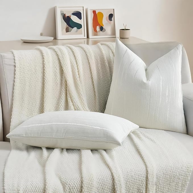 HAUSSY White Throw Pillow Covers 20x20 Inch Set of 2, Boho Embossed Striped Textured Decorative Pillowcases Soft Chenille Cushion Cases, Modern Home Decor for Couch Bed Living Room