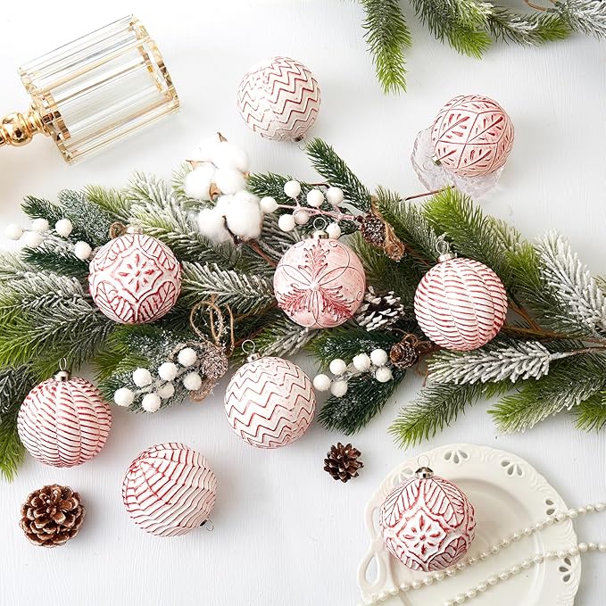 Vintage Christmas Ornaments Ball Set, 12 PCS Shatterproof Antique Traditional Christmas Tree Ornaments for Indoor Xmas Holiday Home Decor (Red)