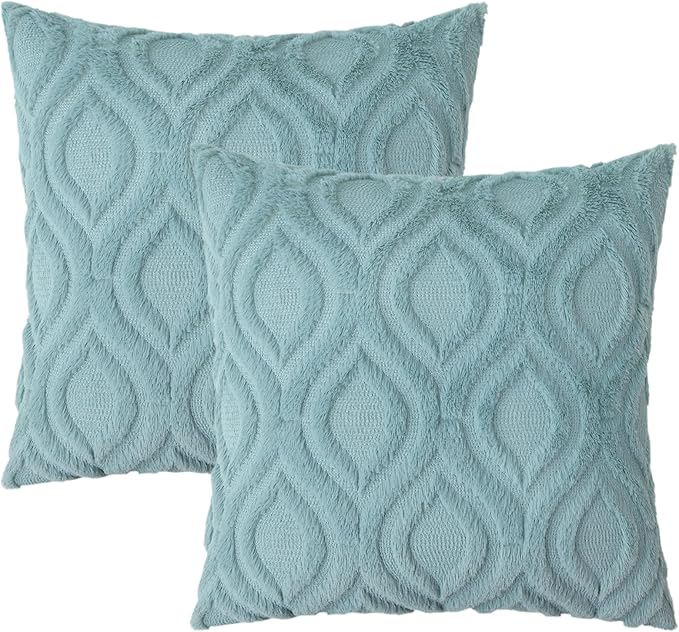 decorUhome Throw Pillow Covers 24x24 Inch Set of 2, Soft Plush Faux Wool Aqua Solid Couch Pillow Covers, Accent Farmhouse Neutral Square Pillow Cases for Sofa Bed Living Room