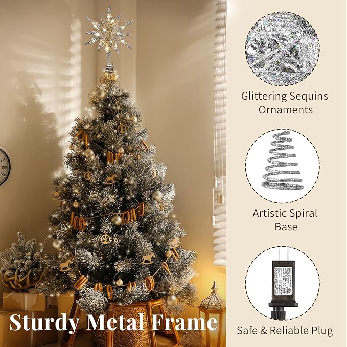 Lewondr Christmas Tree Topper, Plug in 3D Starburst Xmas Lighted Star Tree Topper, Remote Control & Timer Light Up Vintage Moravian Tree Topper for Christmas Decoraiton, Warm Light, Silver