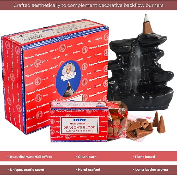 Dragon's Blood Backflow Incense Cones for Waterfall Aromatic Smoke Fountain Haze Falls and Mat Bundle - Pack of 12