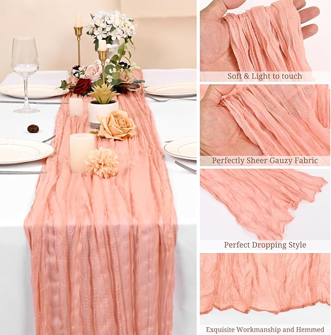 12 Pack Coral Cheesecloth Table Runner 10FT Cheese Cloths for Wedding Decor, 20x120inch Rustic Boho Gauze Table Runners for Wedding Party Bridal Shower Table Decoration