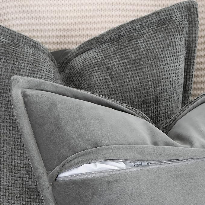 MADIZZ Chenille Velvet Throw Pillow Covers with Flange Set of 2 Super Soft Boho Textured Pillow Covers Decorative Throw Pillowcases Modern Farmhouse Home Decor for Sofa Bedroom Dark Grey 20x20 Inch