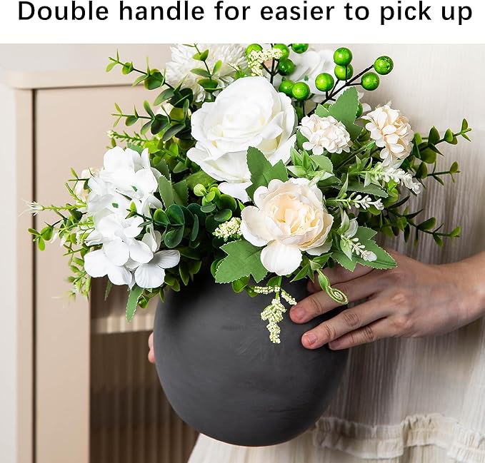 6in Ceramic Vase with Handle - Short Ball Vase - Vintage Terracotta Flower Vases for Home Decor Decorative Porcelain vase - Farmhouse Vase for Living Room Shelf Decor Table, Lyeec