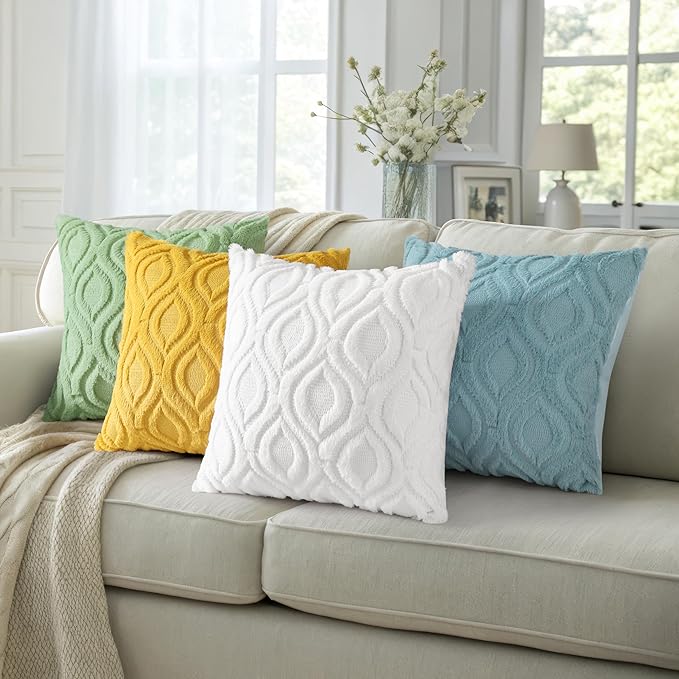 decorUhome Throw Pillow Covers 16x16 Inch Set of 2, Soft Plush Faux Wool White Solid Couch Pillow Covers, Accent Farmhouse Neutral Square Pillow Cases for Sofa Bed Living Room