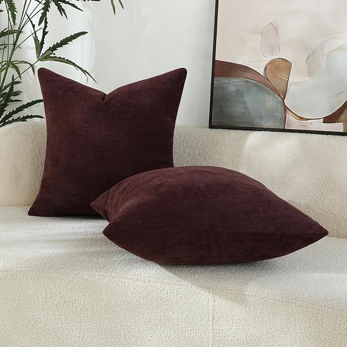 Plum Purple Chenille Decorative Couch Throw Pillow Covers, Soft Cushion Cases for Home Livingroom Sofa Décor, Pack of 2, 18 x 18 Inches