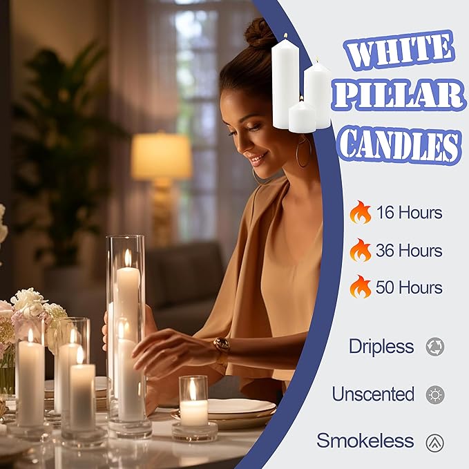 18 Pcs White Pillar Candles Bulk Set，2x3 2x6 2x8 Inch - 12 Each Size，Hurricane Candles，Dripless Unscented Smokeless，Gives You a Better Atmosphere When Organizing an Event Party.