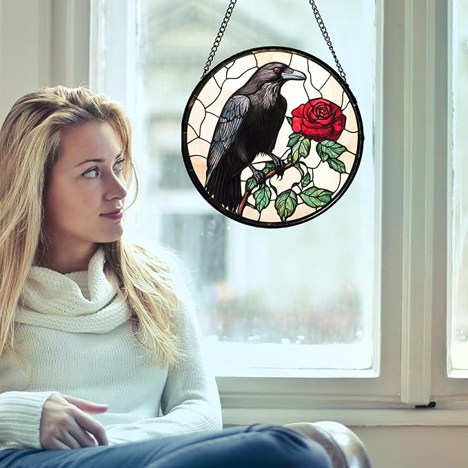 Stained Glass Window Hanging - Black Crow Red Rose Suncatcher for Doors Garden Patio Bird Sun Catchers Decor Christmas Mother's Day Birthday Gifts for Women Men Mom Nana Friend 9.8 in