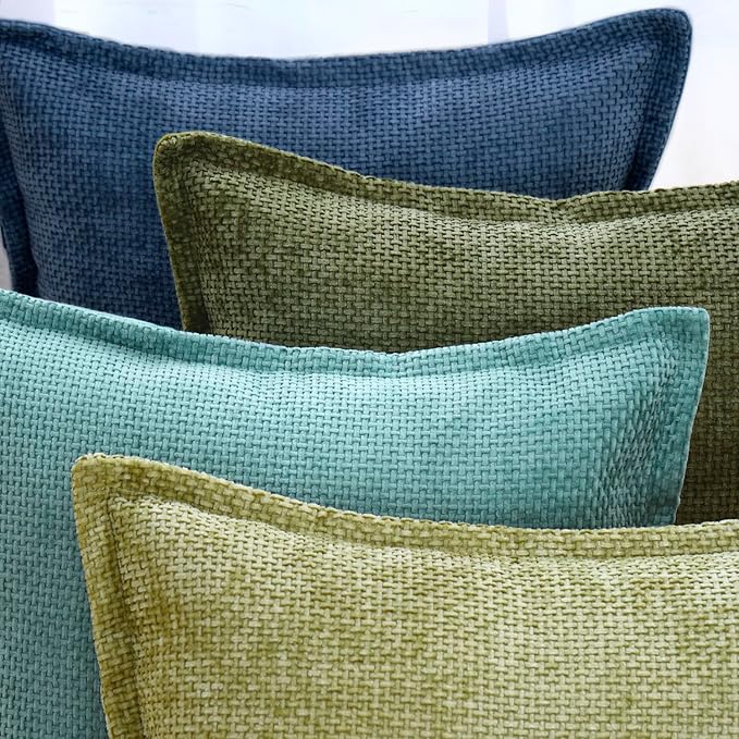 MADIZZ Chenille Velvet Throw Pillow Covers with Flange Set of 2 Super Soft Boho Textured Pillow Covers Decorative Throw Pillowcases Modern Farmhouse Home Decor for Sofa Bedroom Light Green 24x24 Inch