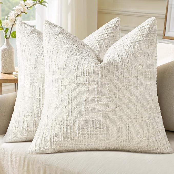 decorUhome Christmas Cream White Chenille Throw Pillow Covers 22x22 Set of 2 Thick Textured Slubby Couch Pillow Covers Farmhouse Accent Modern Neutral Decorative Pillow Cases for Bed Sofa Living Room