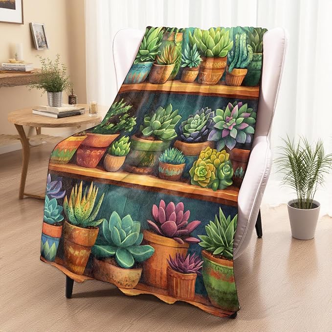Colorful Succulent Blanket, Cozy Plant Throw Blanket for Couch Bedroom Outdoor, Lightweight Soft Flannel Travel Blankets, Gifts for Women Adults Kids, Home Cabin Garden Decor 50"×60"