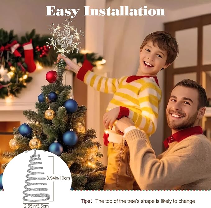 Lewondr Christmas Tree Topper, Metal Frame Snowflake Christmas Tree Topper with 15 Light Beads, USB Powered & Remote Control Tree Topper Snowflake with 6H Timer, Xmas Tree Decor for Holiday Home Decor