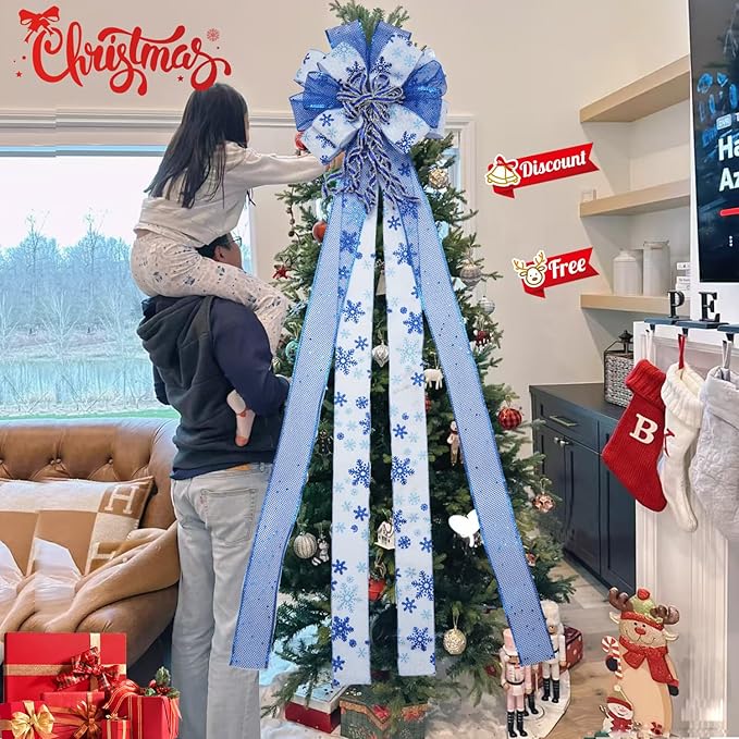 Christmas Tree Topper Bow, 43" Christmas Wreath Bows Blue and White Ribbon Ornaments with Tassels Snowflakes and Glitter, Home Decor for Holiday Xmas Decoration Home Parties Wedding Gift
