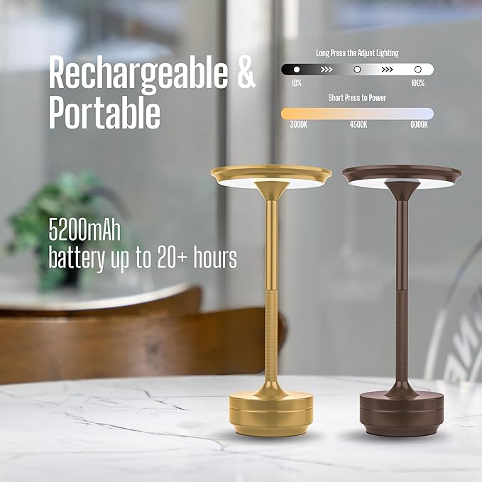 Sadeh Mocha Rechargeable Touch Table Lamp – 110 Hours Battery Life, USB-C Charging, Premium Anodized Metal, 3 Dimming & Color Options, Ideal for Bedroom & Office