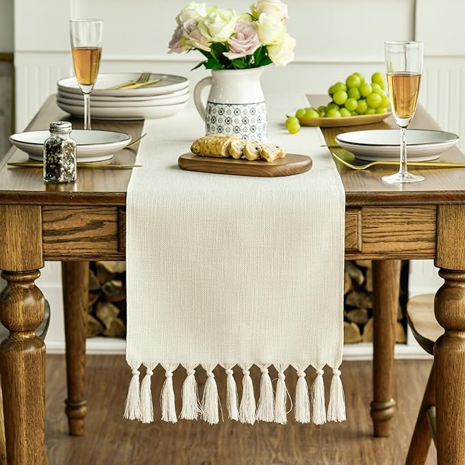 Artoid Mode Beige Tassel Table Runner, Boho Linen Blend Rustic Farmhouse Style Kitchen Table Decoration Holiday Wedding Party Dinning Decor 13x36 Inch